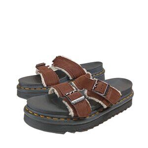 Dr. Martens Slide Sandals Womens 10 Brown Suede Myles Buckle Faux Fur-Lined